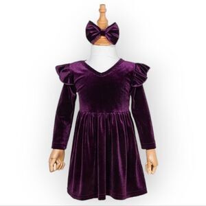 NEW! Plum Purple Velvet Long Sleeve Toddler Dress with Hair Bow